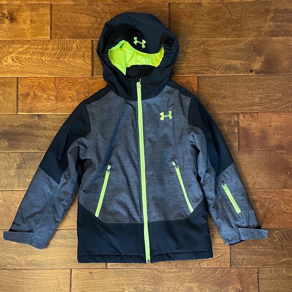 EUC Under Armour Black and Gray Jacket with Neon Green Details